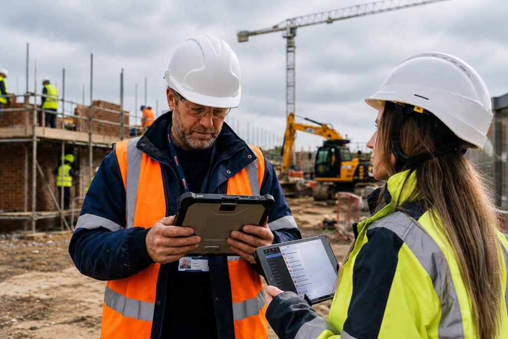 Two site managers in hard hats and hi-vis reviewing plans on tablets at a construction site