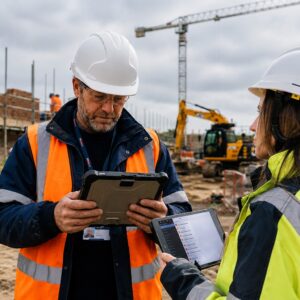 Two site managers in hard hats and hi-vis reviewing plans on tablets at a construction site