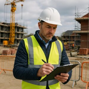 Site supervisor in a hard hat and hi-vis vest making notes on a clipboard at a construction site